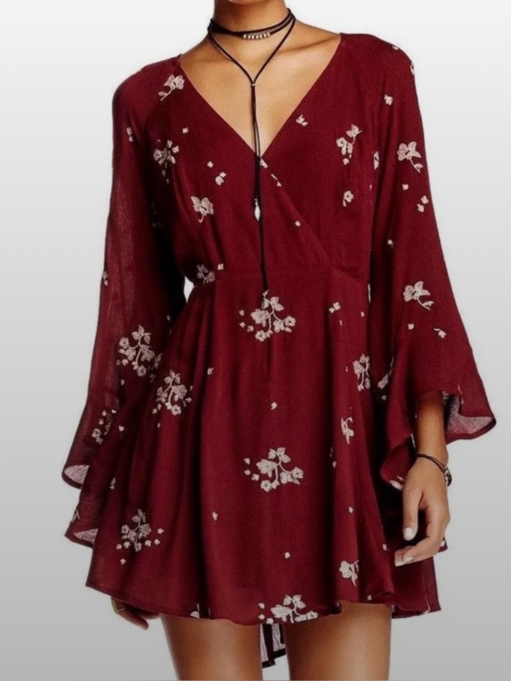 FREE PEOPLE Jasmine Embroidered Mini Kimono Dress Red Burgundy Size 10
